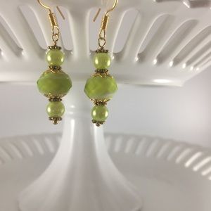 Handmade Earrings Unique Green White Glass Gold Plated Metal New